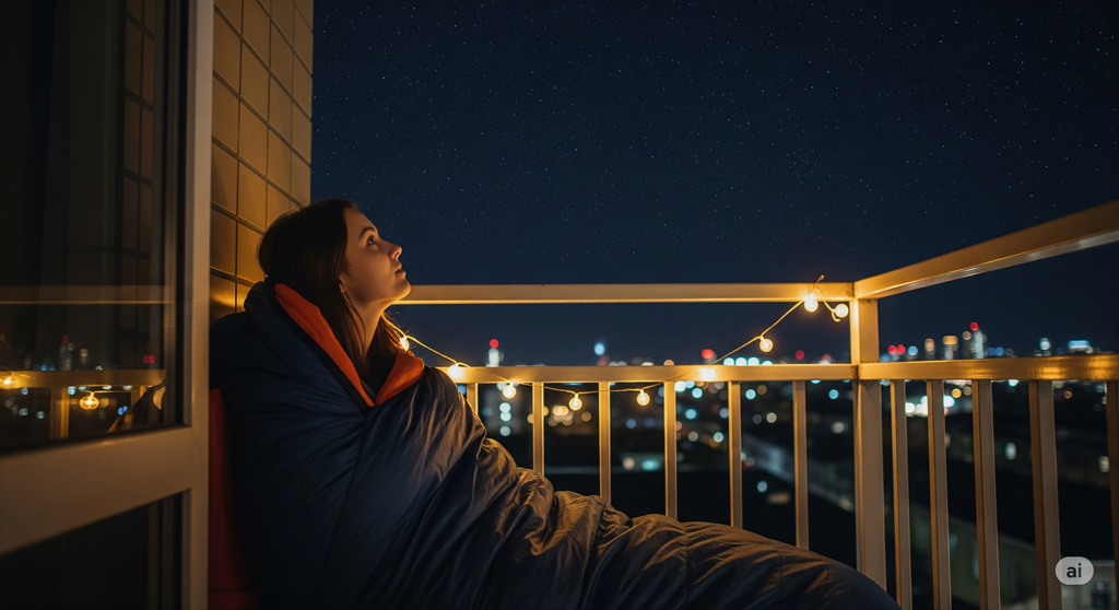 Ratgeberfokus - Mikroabenteuer Ideen - Person schläft im Schlafsack auf dem Balkon für ein urbanes Mikroabenteuer