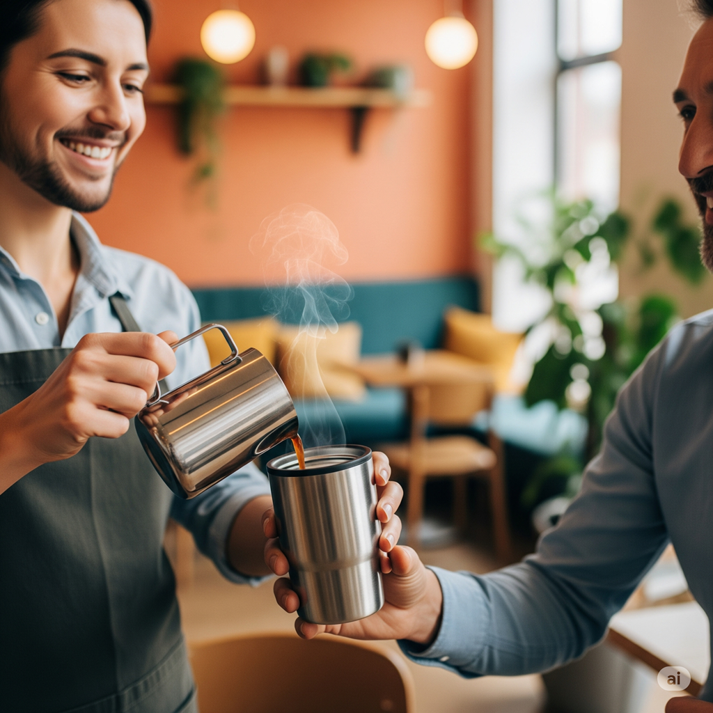 Ratgeberfokus - Plastikfrei leben - Wiederverwendbarer Kaffeebecher wird in einem Café als plastikfreie Alternative befüllt.