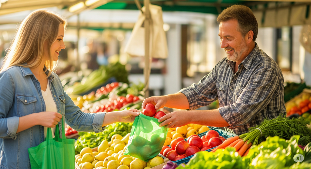 Ratgeberfokus - Saisonkalender Obst und Gemüse - Kundin kauft auf dem Wochenmarkt frische, regionale Äpfel direkt vom Erzeuger