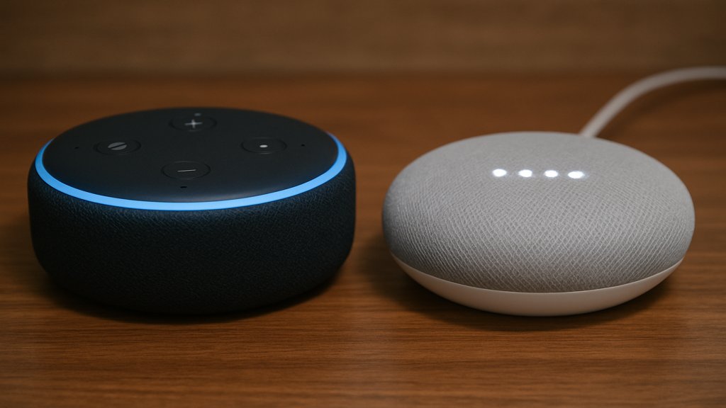 Alexa und Google Home nebeneinander auf einem Tisch.