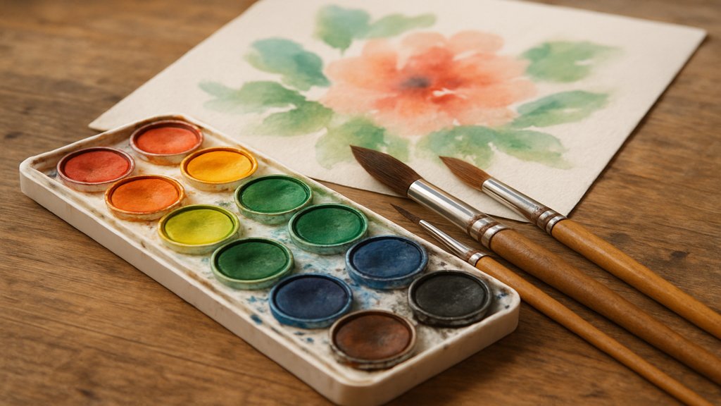 Aquarellfarben und Pinsel auf einem Tisch, daneben ein beginnendes Kunstwerk.