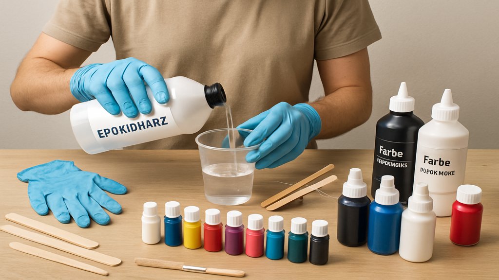 Arbeitsplatz mit Epoxidharz, Farben und Werkzeugen für Resin Art.