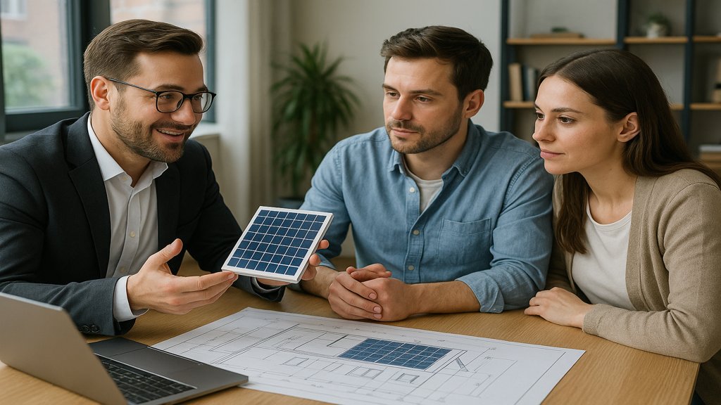 Berater erklärt einem Paar die Planung einer Solaranlage.