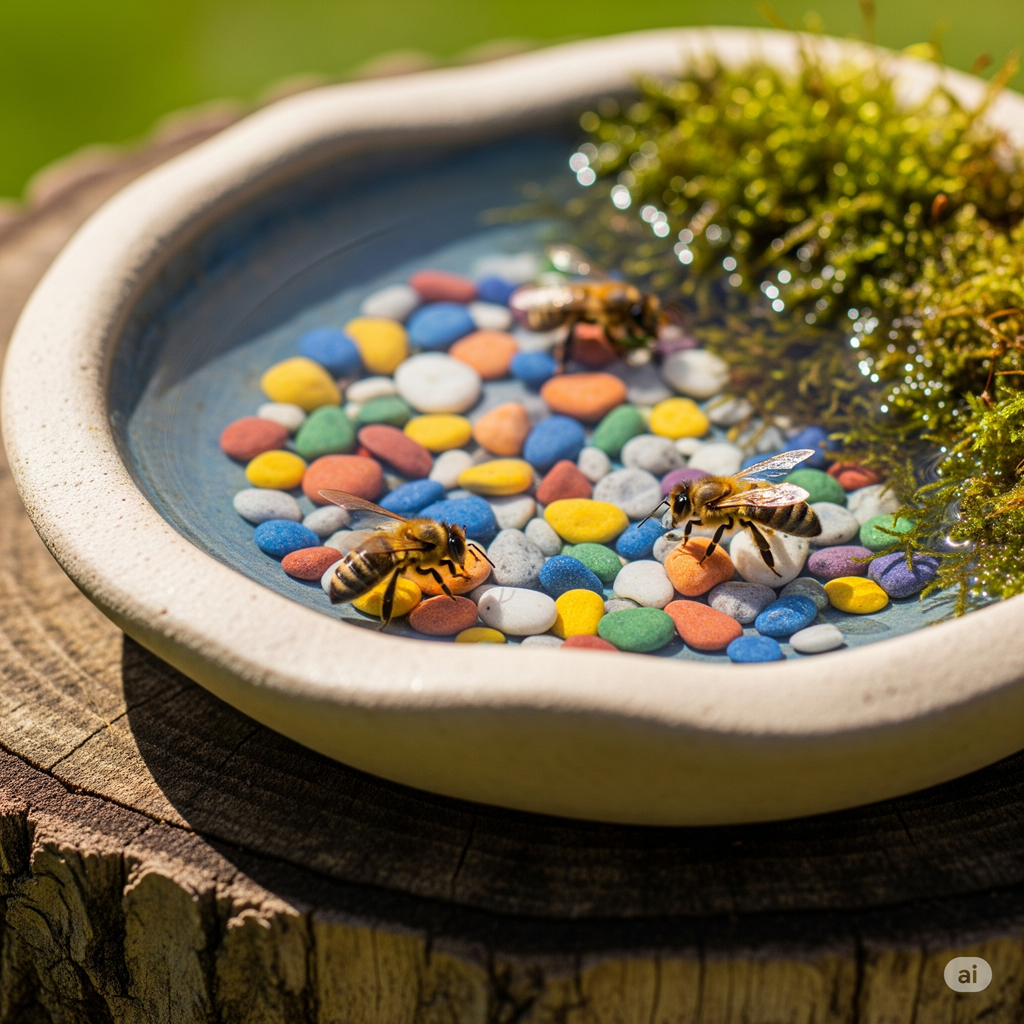 Ratgeberfokus - bienenfreundlicher Garten - Einfache Bienentränke mit Steinen als sichere Wasserquelle für Bienen im Garten