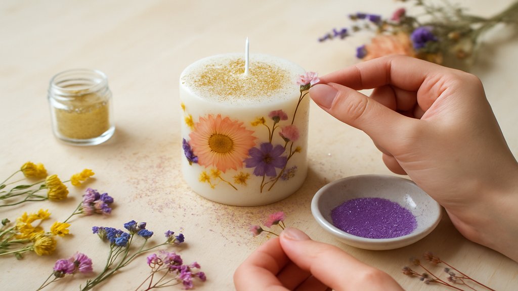 Dekoration einer selbstgemachten Kerze mit Blumen und Glitzer.