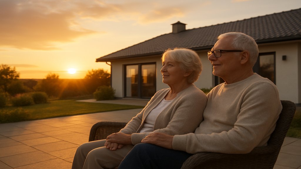 Ein älteres Paar genießt den Sonnenuntergang auf der Terrasse ihrer Immobilie.