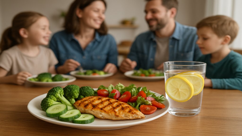 Ein Esstisch mit einer gesunden, zuckerfreien Mahlzeit und einer Familie im Hintergrund.