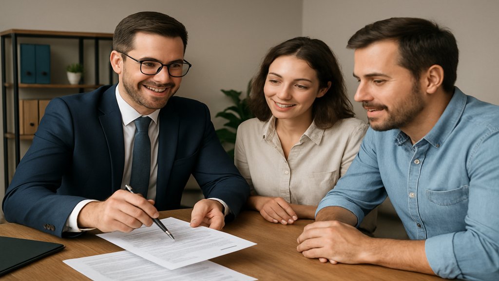 Ein Finanzberater erklärt einem Paar die Nachteile von Wohnriester.