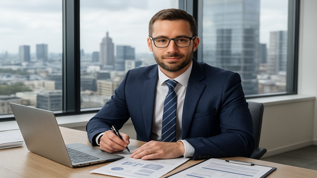 Ein Finanzberater erklärt Immobilienfinanzierung mit Dokumenten und Laptop.
