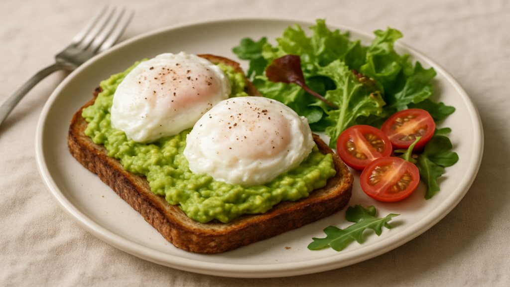 Ein Frühstücksteller mit Avocado-Toast, pochierten Eiern und Salat.