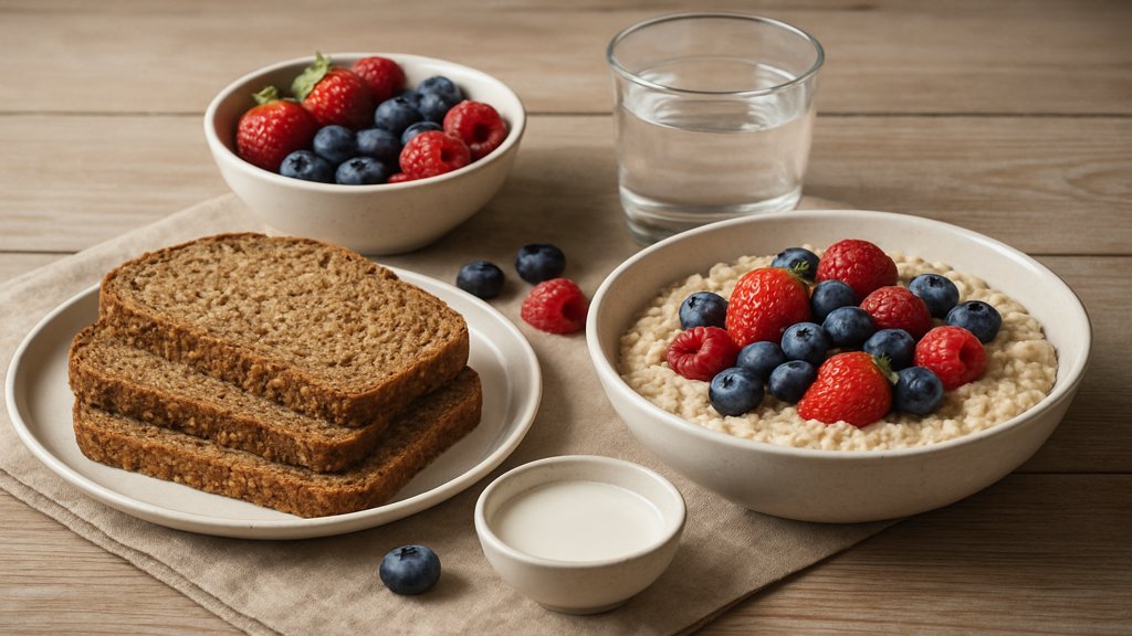 Ein Frühstückstisch mit ballaststoffreichen Lebensmitteln wie Vollkornbrot und Haferflocken.