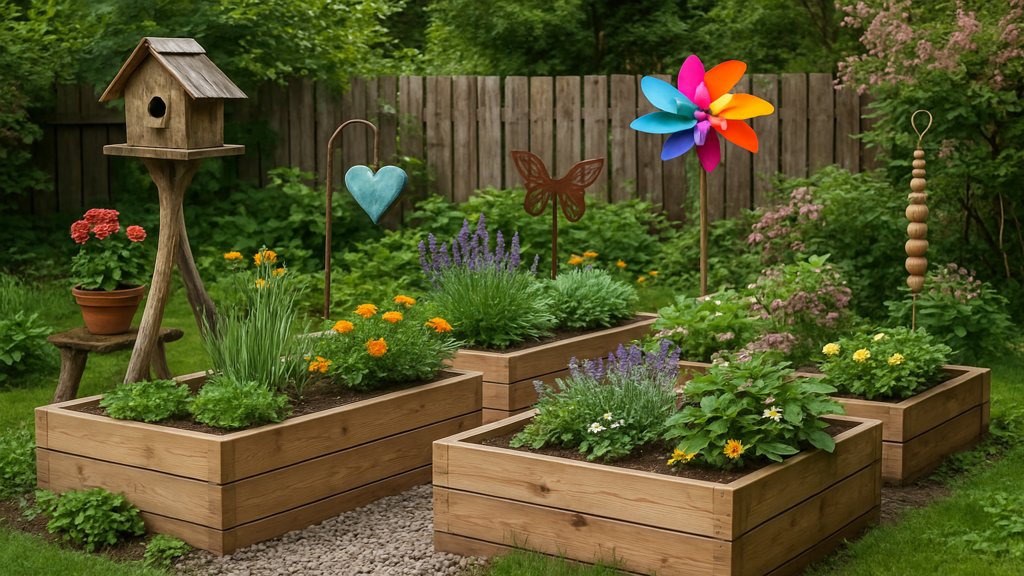 Ein Garten mit DIY-Pflanzkästen und selbstgemachter Gartendeko.