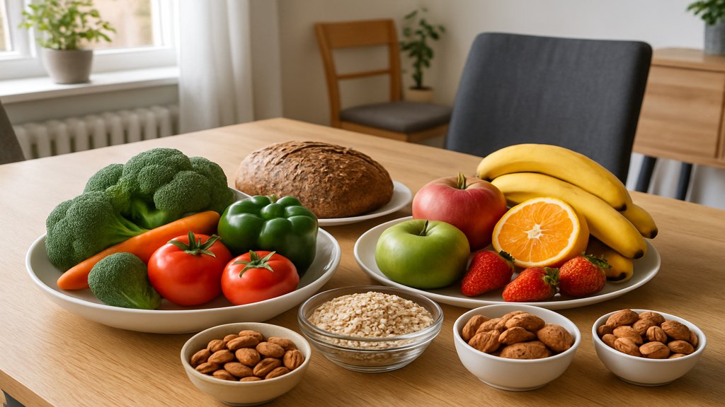 Ein gedeckter Tisch mit einer Auswahl an gesunden Lebensmitteln wie Gemüse, Obst und Vollkornprodukten.