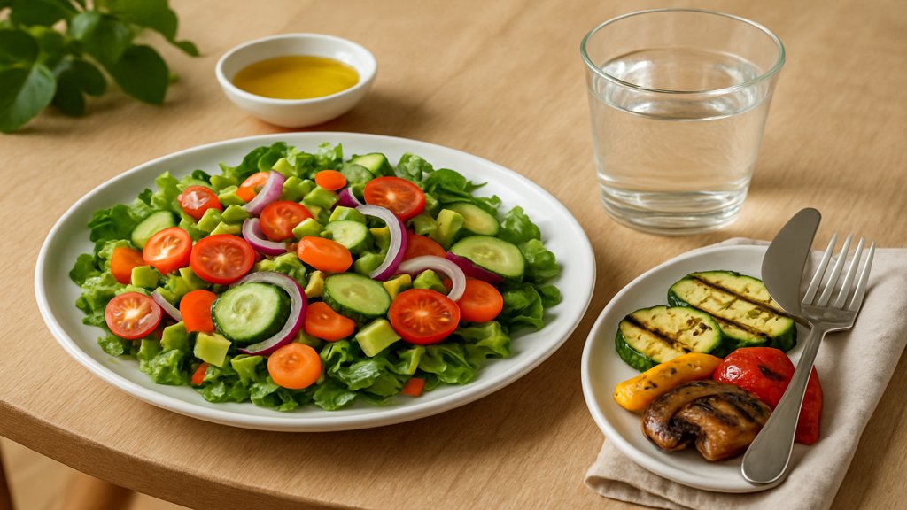 Ein gedeckter Tisch mit einer gesunden Mahlzeit.