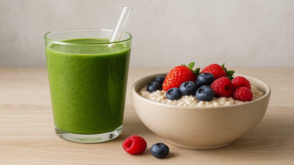 Ein grüner Smoothie und Overnight Oats mit Beeren.