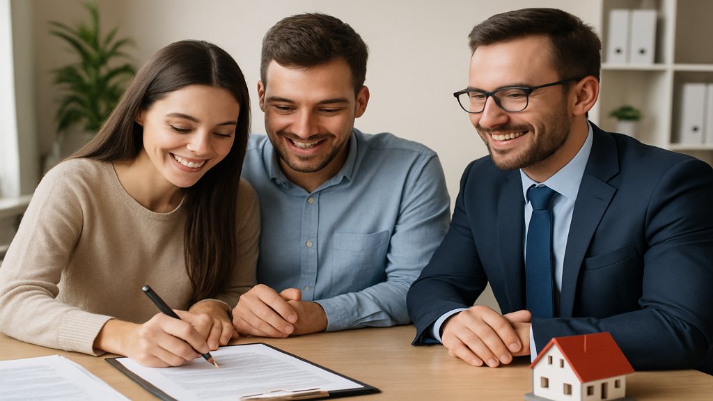 Ein junges Paar unterschreibt einen Finanzierungsvertrag für eine Immobilie.
