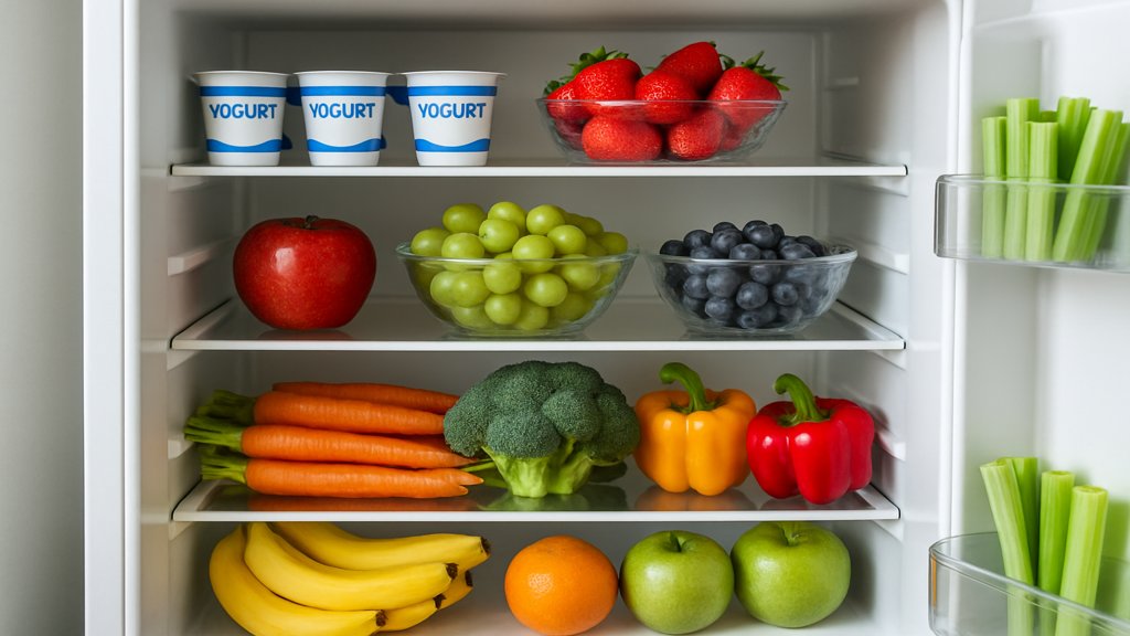 Ein Kühlschrank mit gesunden Snack-Optionen wie Joghurt, Obst und Gemüse.