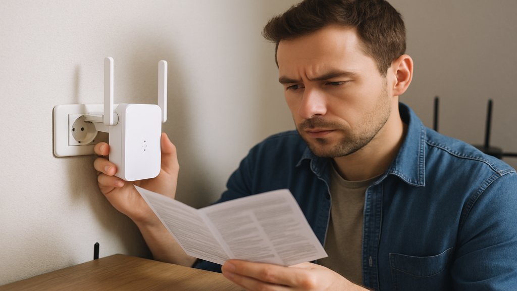 Ein Mann installiert einen WLAN-Repeater und liest die Anleitung.