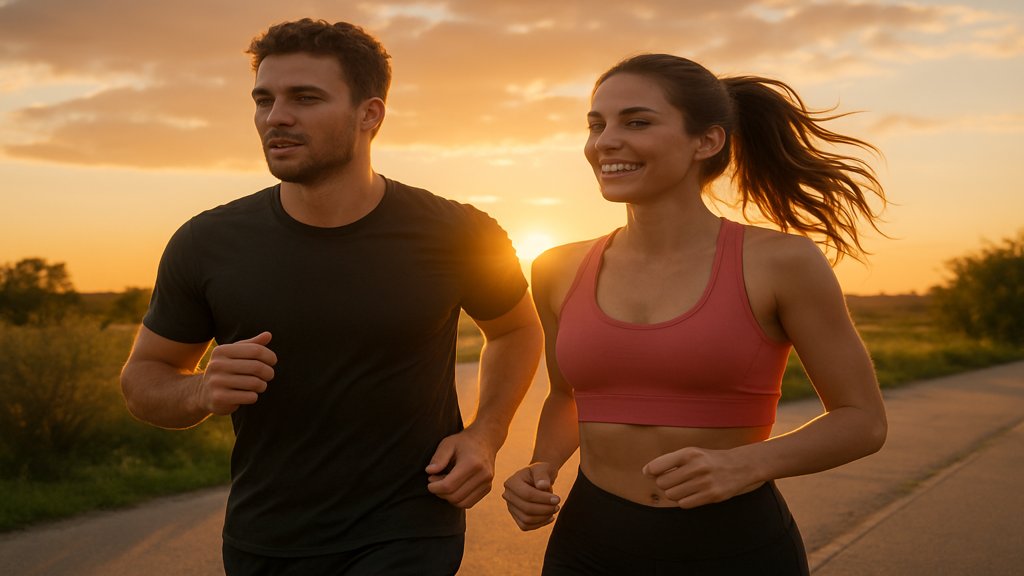 Ein Mann und eine Frau beim Joggen in der Natur.