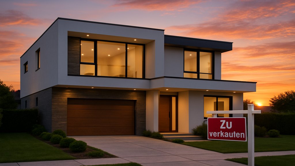 Ein modernes Haus mit einem 'Zu verkaufen'-Schild.