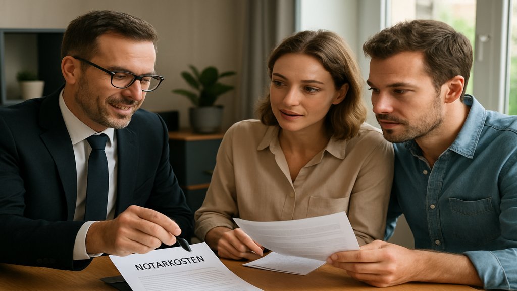Ein Notar erklärt einem Paar die Notarkosten anhand von Unterlagen.