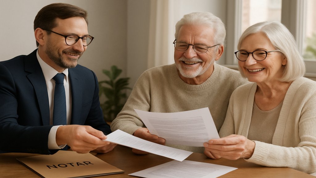 Ein Notar überreicht einem älteren Paar Dokumente für den Immobilienkauf.