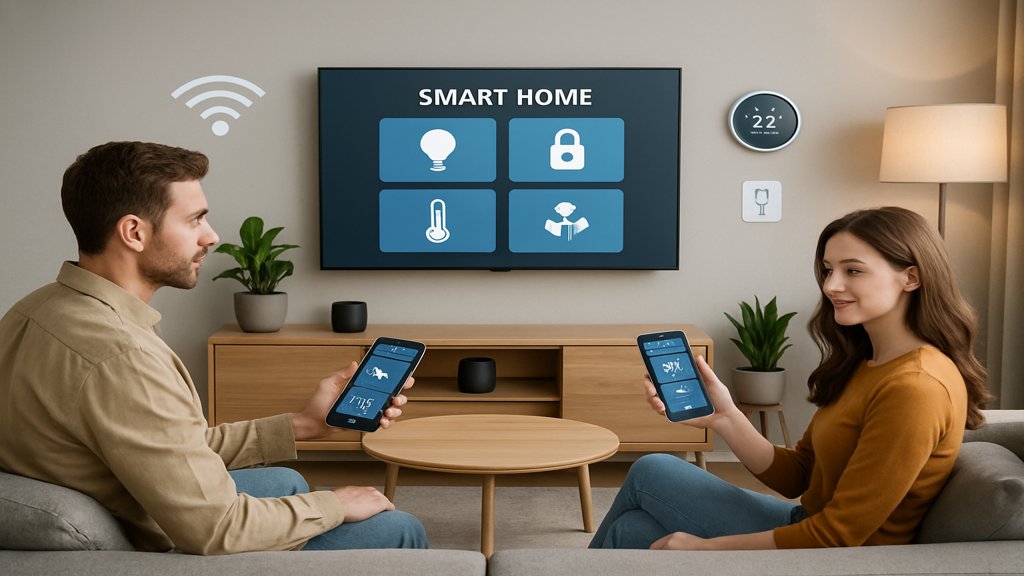 Ein Paar nutzt ein Smartphone, um ihr Smart Home System zu steuern.