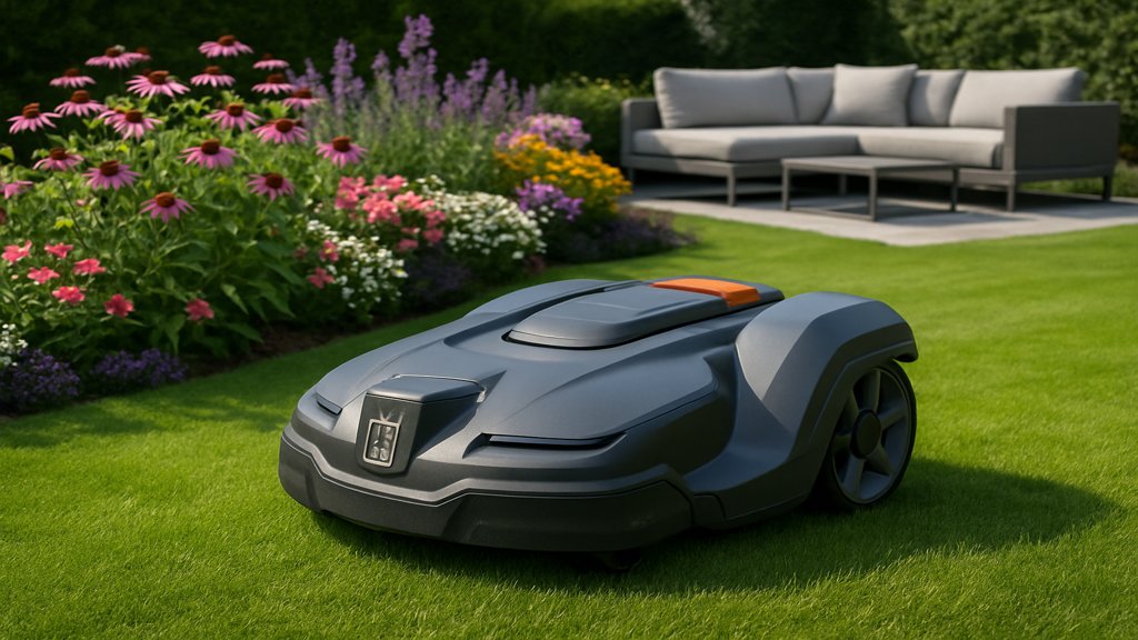 Ein Roboter-Rasenmäher in einem gepflegten Garten.