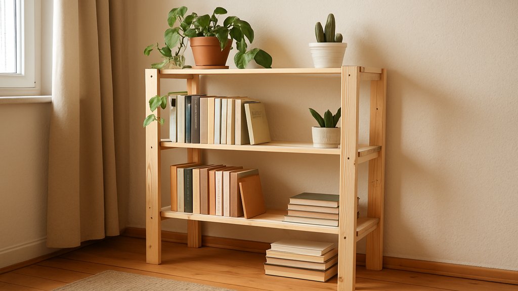 Ein selbstgebautes Holzregal in einer gemütlichen Ecke.