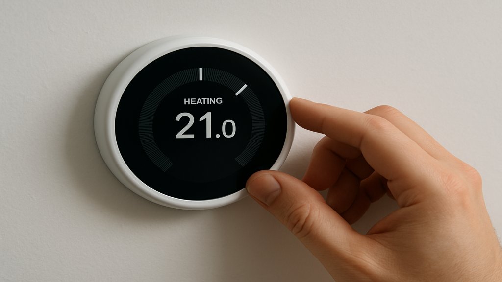 Ein Smart Home Thermostat wird von einer Hand bedient.