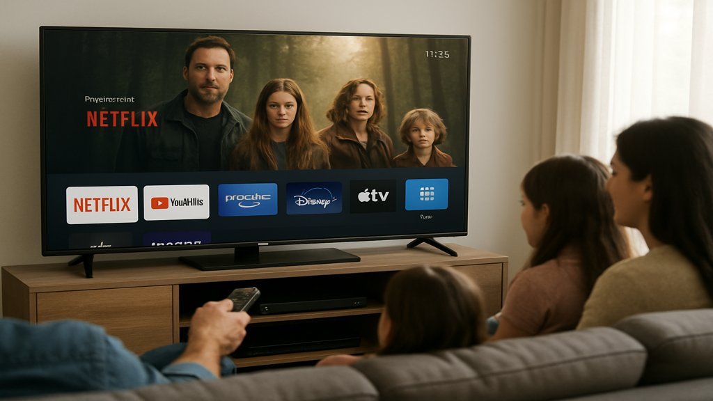 Ein Smart-TV mit einer Benutzeroberfläche und Apps wie Netflix und YouTube, genutzt von einer Familie.
