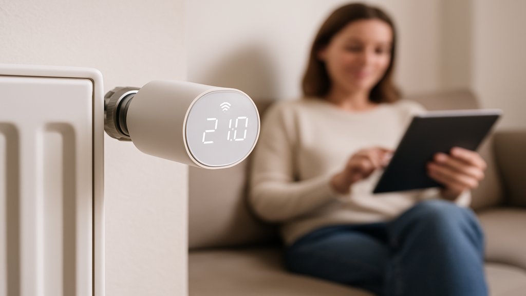 Ein smartes Heizkörperthermostat auf einem Heizkörper, mit einer Person im Hintergrund, die ein Tablet nutzt.