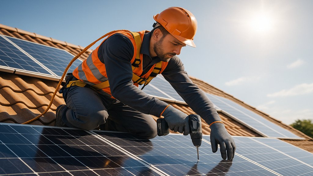 Ein Techniker installiert Solarpanele auf einem Dach.