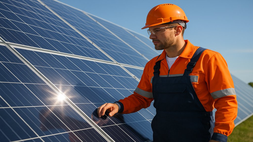 Ein Techniker überprüft Solarpanels unter klarem Himmel.