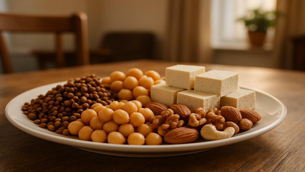 Ein Teller mit verschiedenen pflanzlichen Eiweißquellen wie Linsen, Kichererbsen, Tofu und Nüssen.