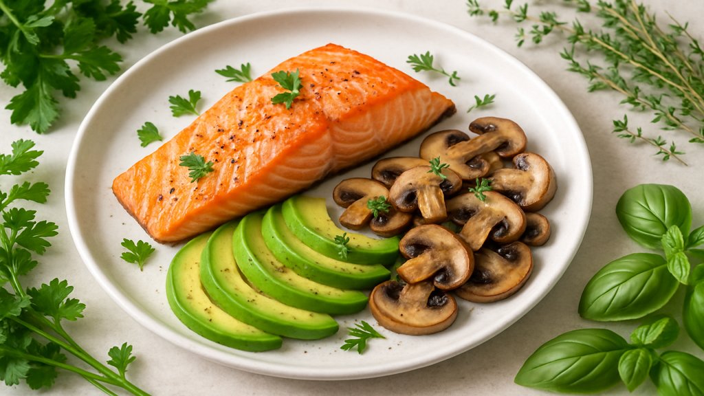 Ein Teller mit Vitamin-D-reichen Lebensmitteln wie Lachs, Avocado und Pilzen.