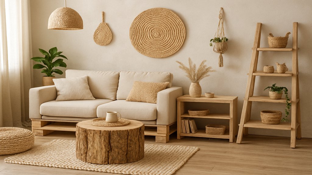 Ein Wohnzimmer mit selbstgemachten Möbeln und DIY-Dekorationen.