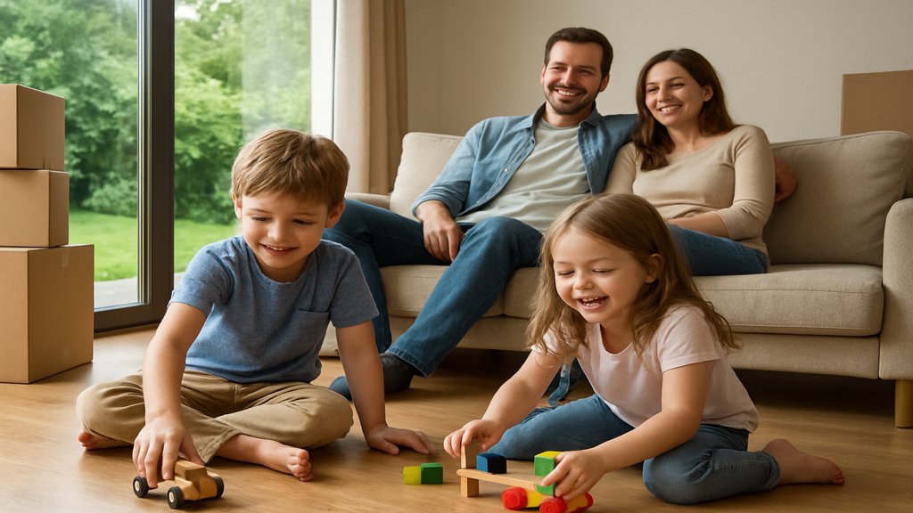 Eine Familie genießt ihr neues Eigenheim, unterstützt durch KfW Förderung.