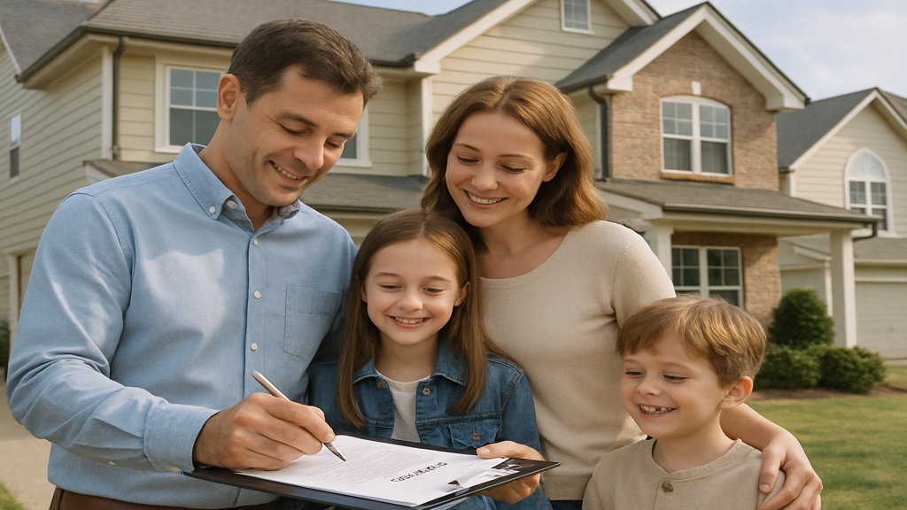 Eine Familie unterschreibt einen Kaufvertrag für ein Haus.