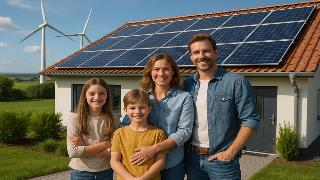 Eine Familie vor ihrem Haus mit Solaranlage und grüner Landschaft.