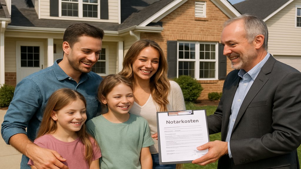 Eine Familie vor ihrem neuen Haus, die die Notarkosten bespricht.