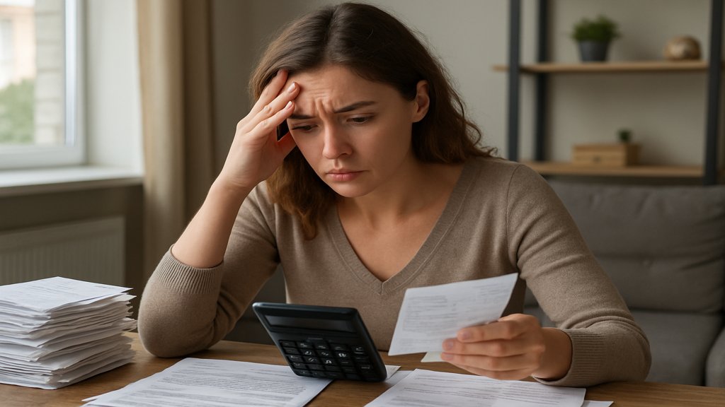 Eine Frau überprüft besorgt ihre Finanzen am Schreibtisch.