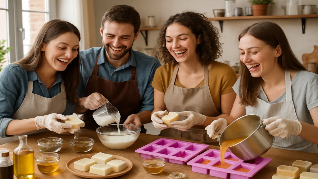 Eine Gruppe von Freunden beim gemeinsamen Seife herstellen.