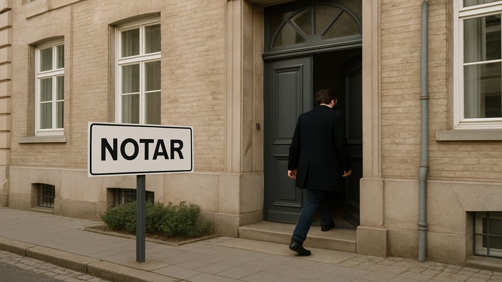 Eine Immobilie mit einem Notarschild und einer Person, die hinein geht.