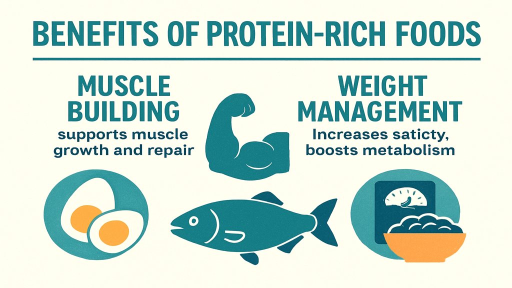 Eine Infografik zu den Vorteilen von eiweißhaltigen Lebensmitteln für Muskelaufbau und Gewichtsmanagement.