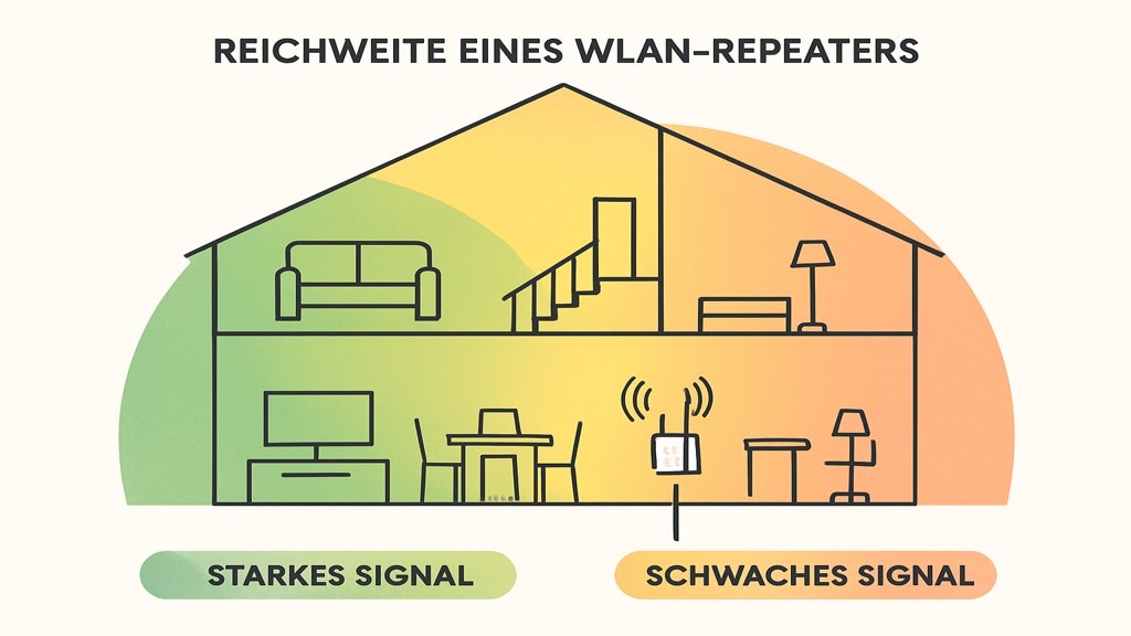 Eine Infografik zur WLAN-Reichweite eines Repeaters in einem Haus.