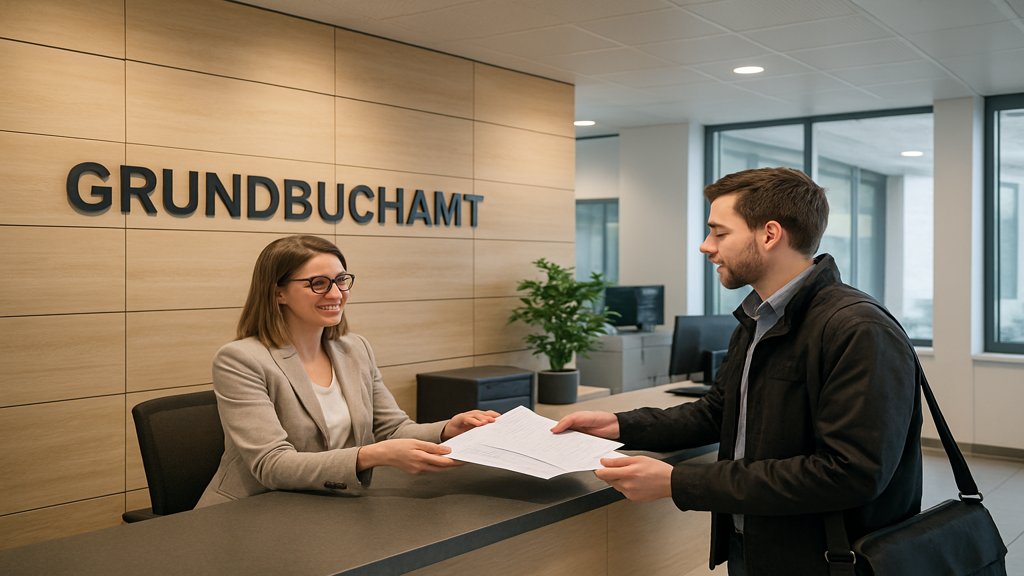 Eine Person am Empfang eines Grundbuchamtes.