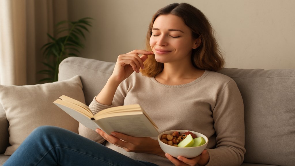 Eine Person auf einem Sofa, die einen gesunden Snack genießt.