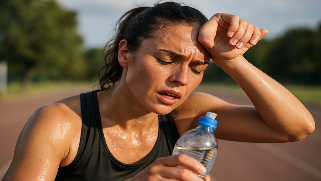 Eine Person beim Sport, die erschöpft aussieht und eine Wasserflasche hält.