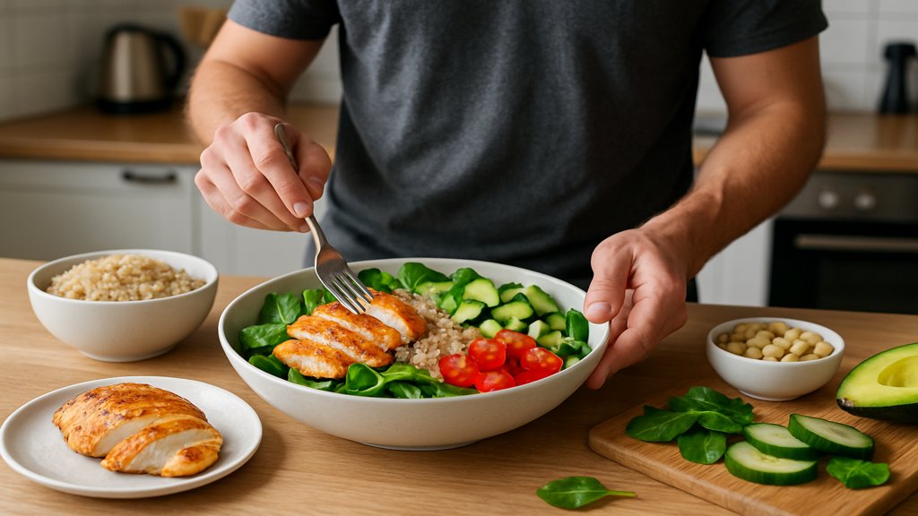 Eine Person bereitet einen proteinreichen Salat mit Hühnchen und Quinoa in einer modernen Küche zu.